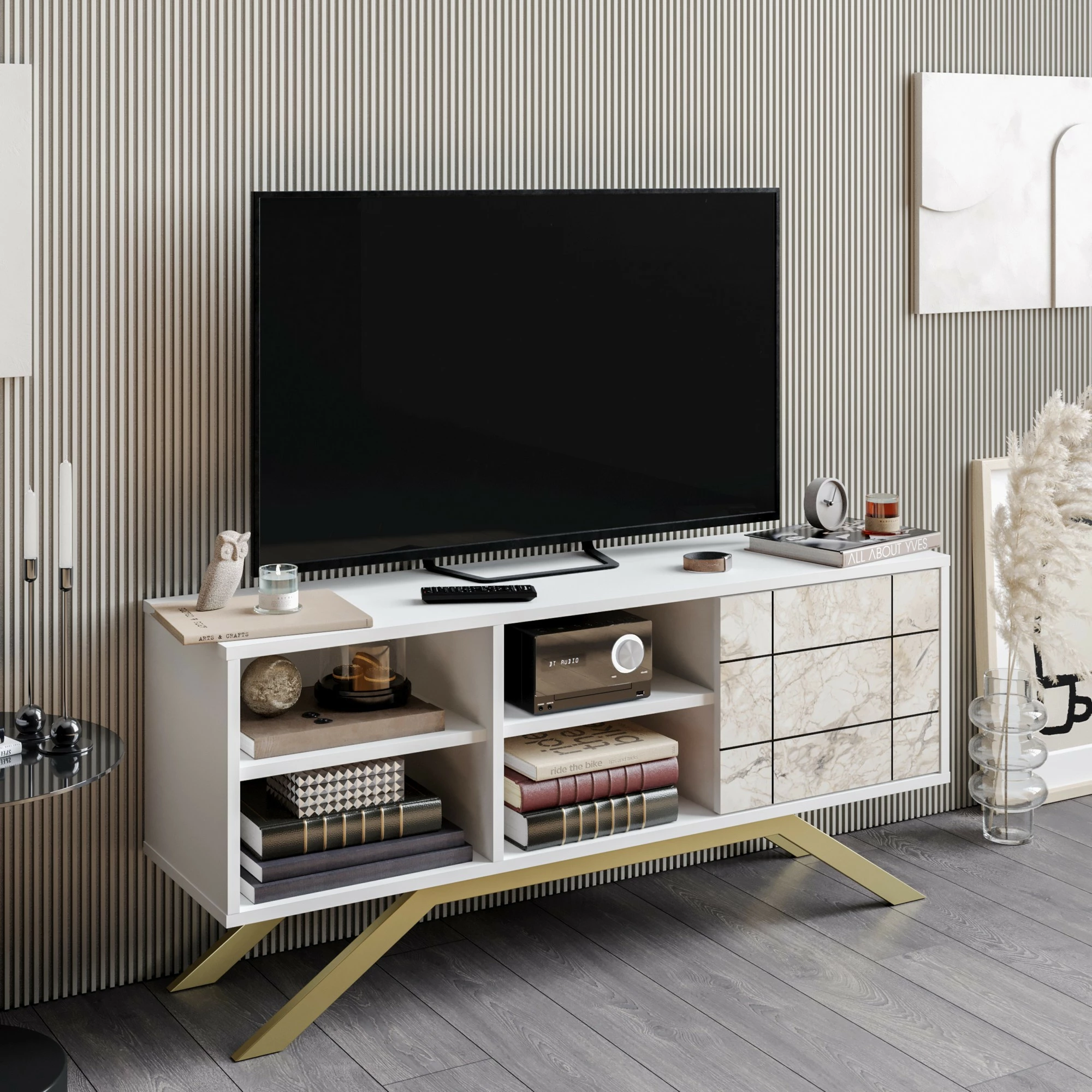 Komodë TV Hanah Home, ngjyrë bardhë dhe ari, North