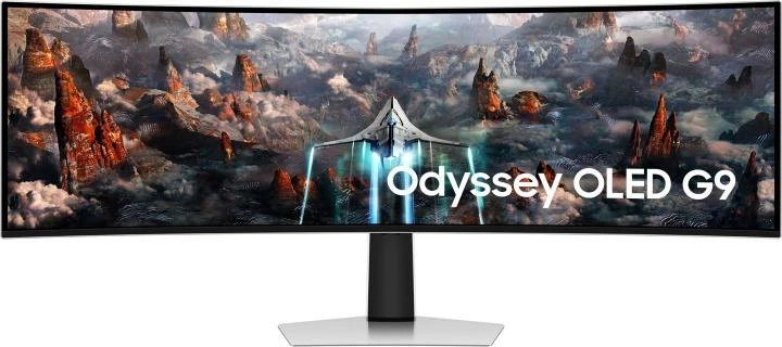 Monitor OLED gaming, Samsung, Odyssey G9 G93SC LS49CG934SUXEN, 49" super ultrawide 32:9 i lakuar, 240Hz 0.03ms, G‑Sync compatible, HDMI 2.1/DisplayPort/USB hub, altoparlantë të integruar, e zezë dhe argjendtë