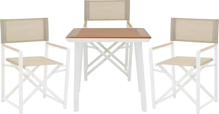 Tavolinë me karrige, set prej 3 copash,, alumin dhe dru, ngjyrë e bardhë dhe natyrale, 80x80x74cm