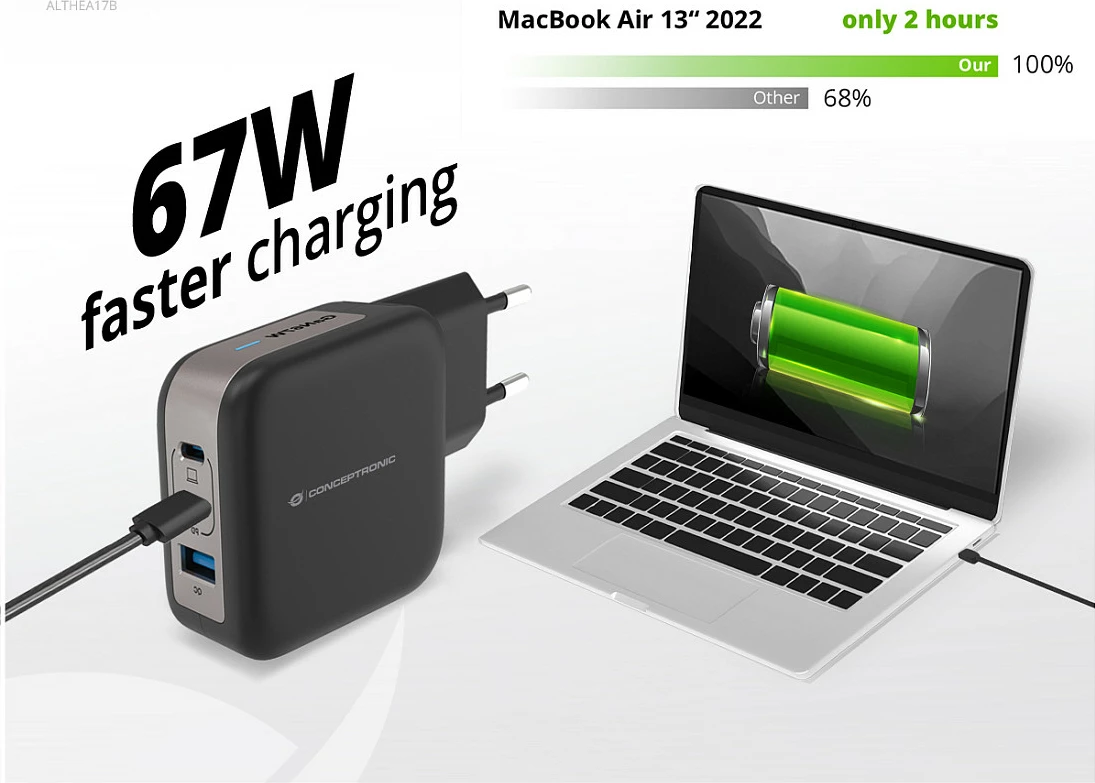 Karikues USB-C Conceptronic 67W GaN, 3 porta (2x USB-C PD, 1x USB-A QC), kabllo USB-C 1.5m, i zi
