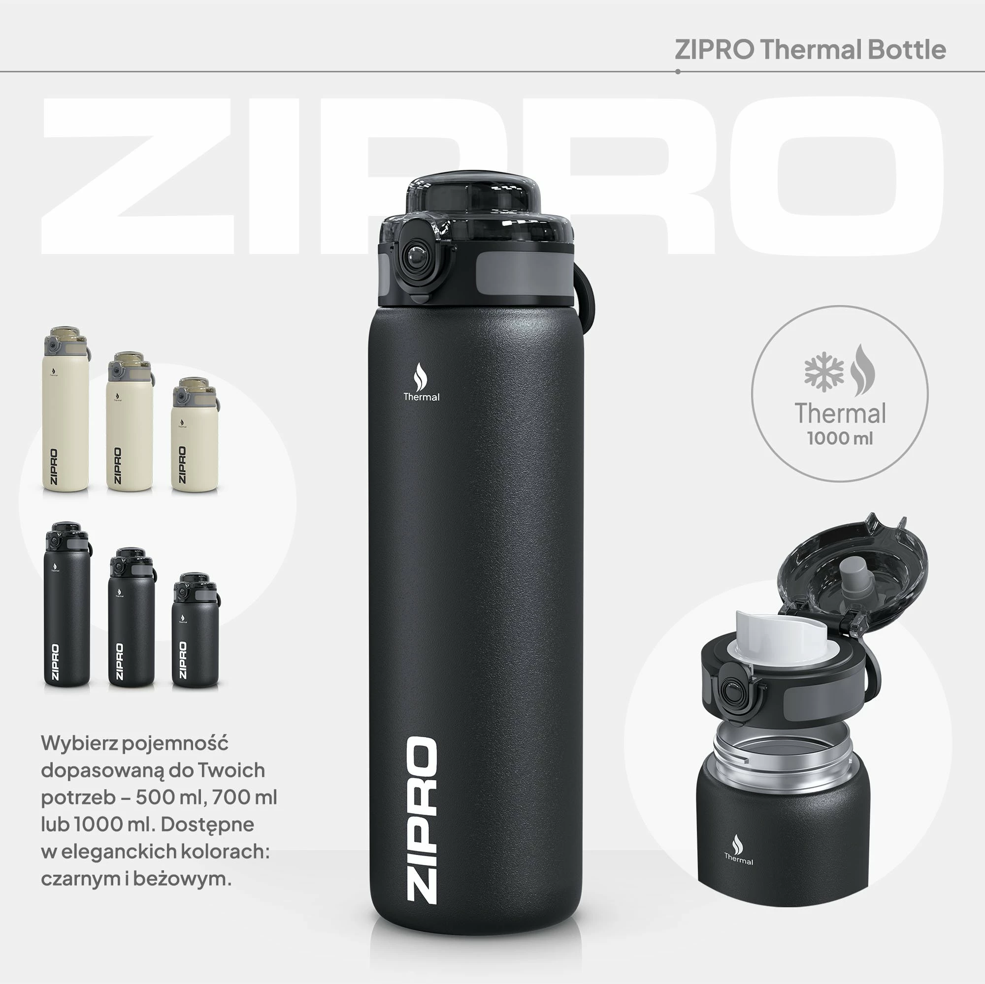 Shishe termike Zipro ZIPRO, 1000 ml, çelik inox 18/8, pa BPA, kundër-rrjedhjes, e zezë