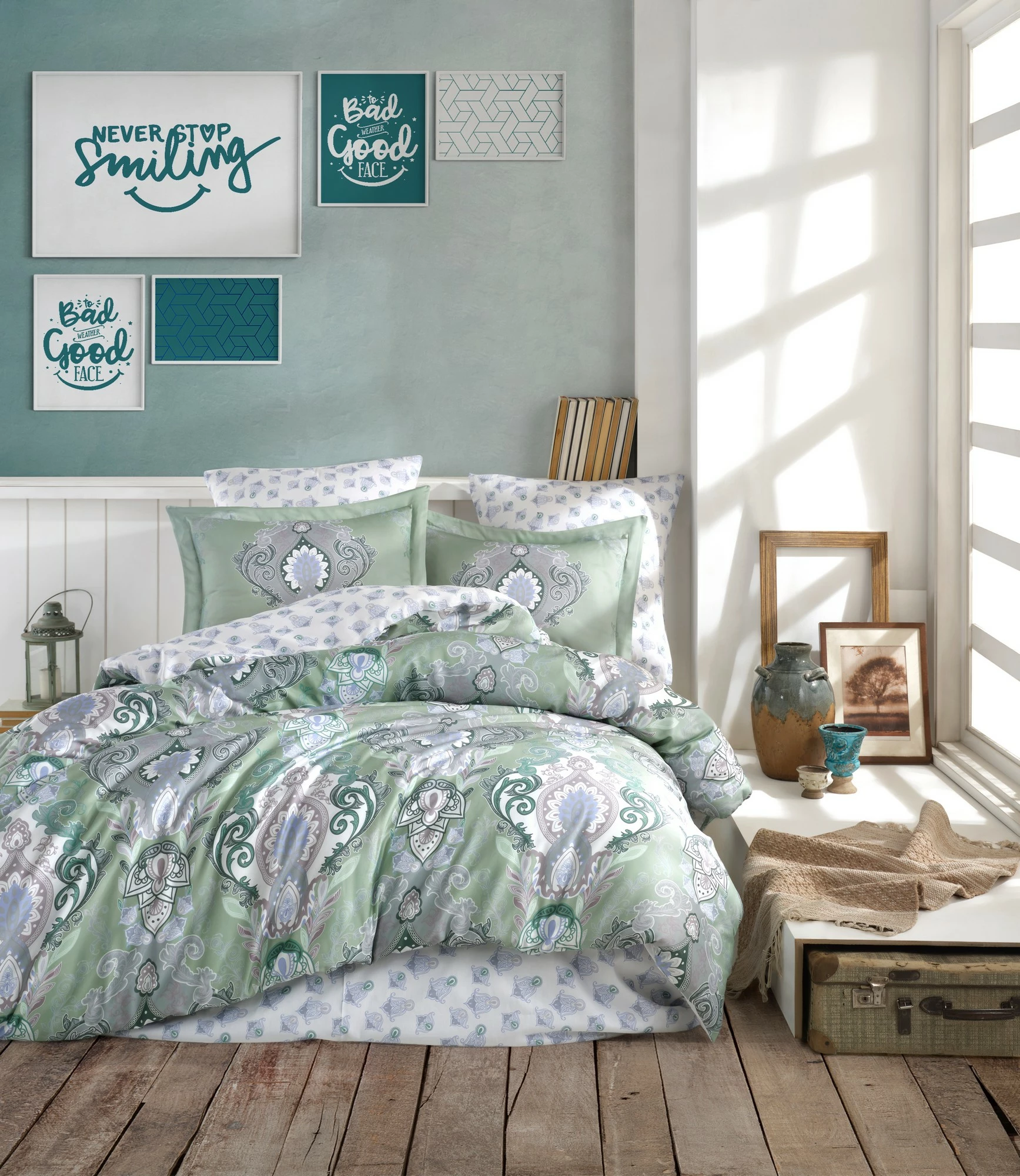 Set mbulesë për jorgan dopio satin, L'essentiel, ngjyrë mente, jeshile, e bardhë