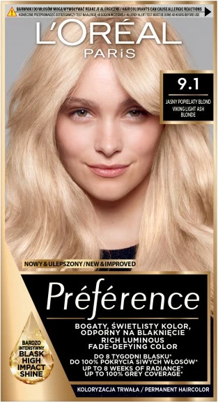 Ngjyrë për flokë L'Oreal Paris Preference 9.1 Blond Hiri i Çelët për femra, 1 copë