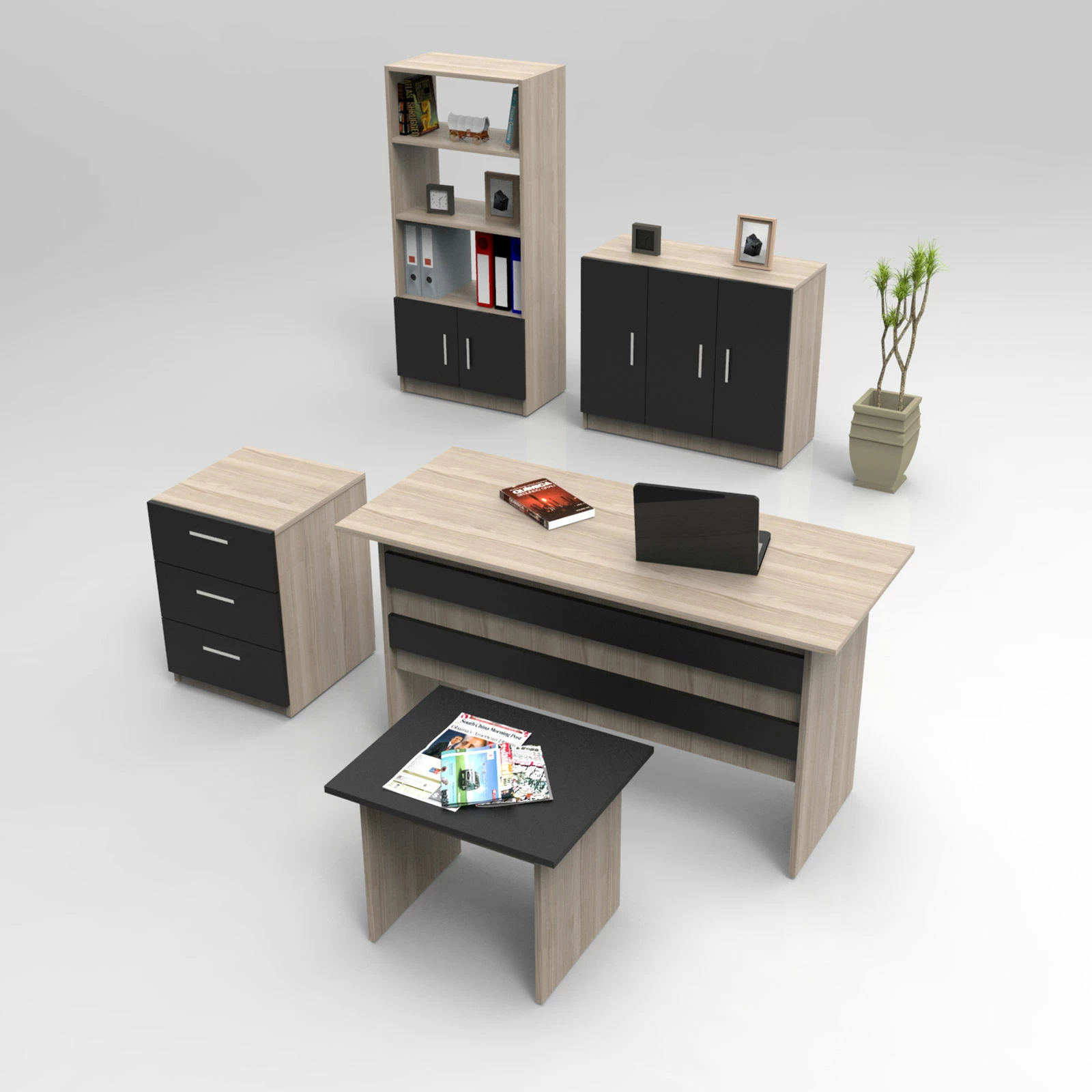 Set mobiljesh për zyre Hanah Home, Vo14-Ob, ngjyrë lis dhe e zezë