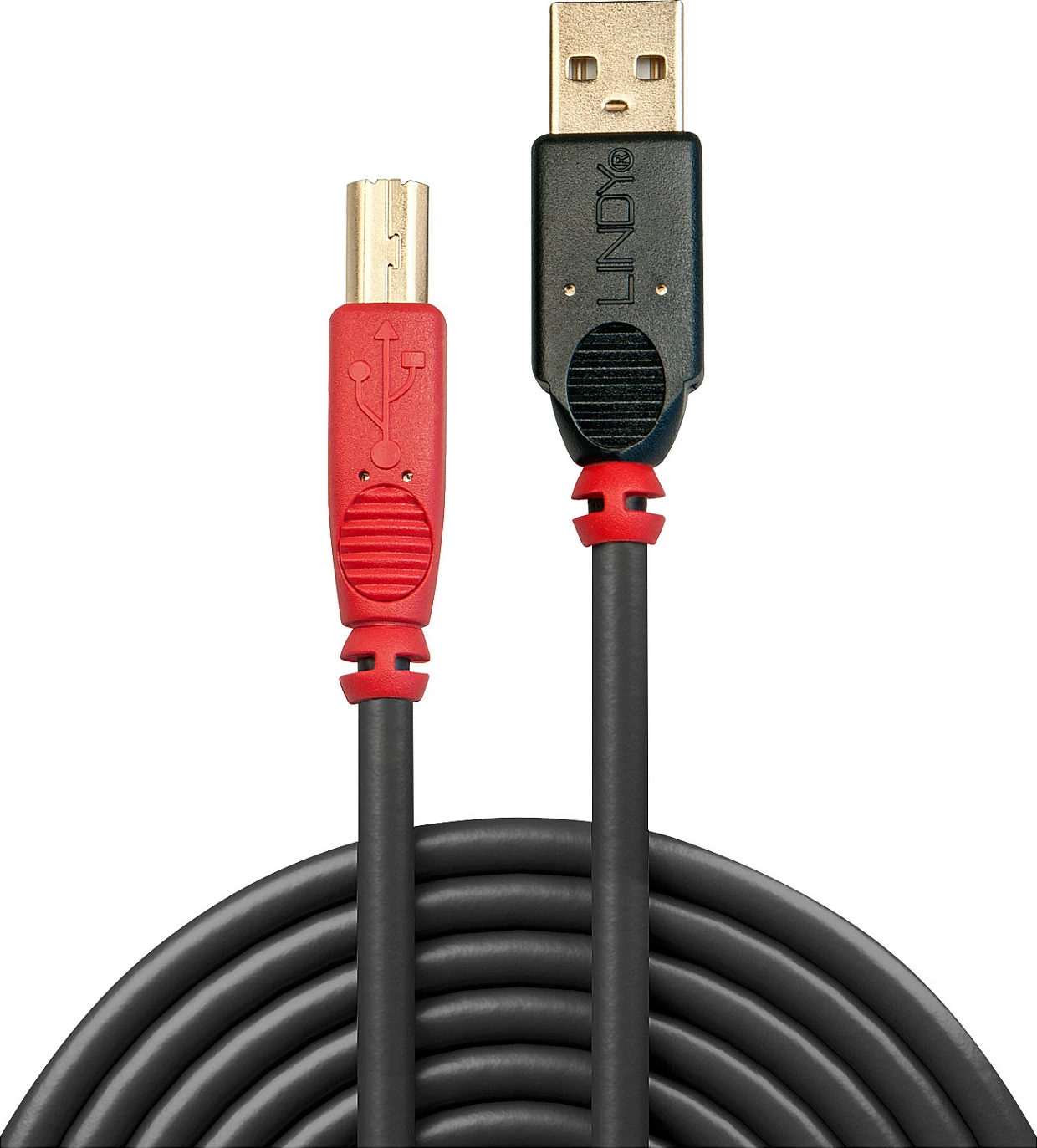 Kabllo aktive USB 2.0 LINDY Type-A në Type-B, 10 m, 480 Mbps, e zezë/kuqe