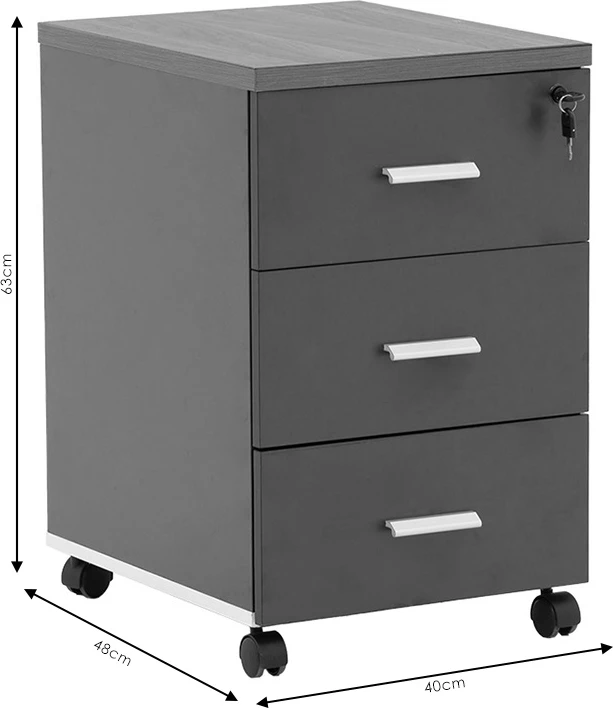 Komodinë me rrota Oscar 3 sirtarë, ngjyrë arre-karbon, 40x48x63cm