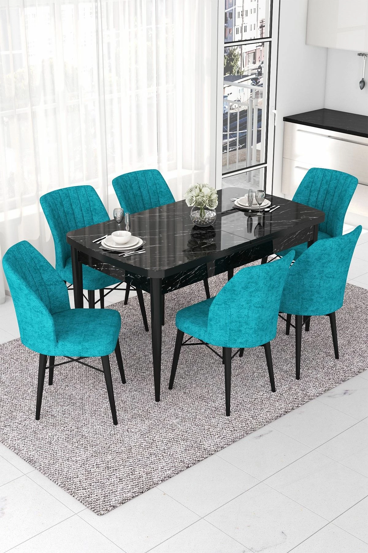 Tavolinë me karrige, zgjatshme, 7 copë, Skye Decor, ngjyrë mermeri të zi, tyrkiz