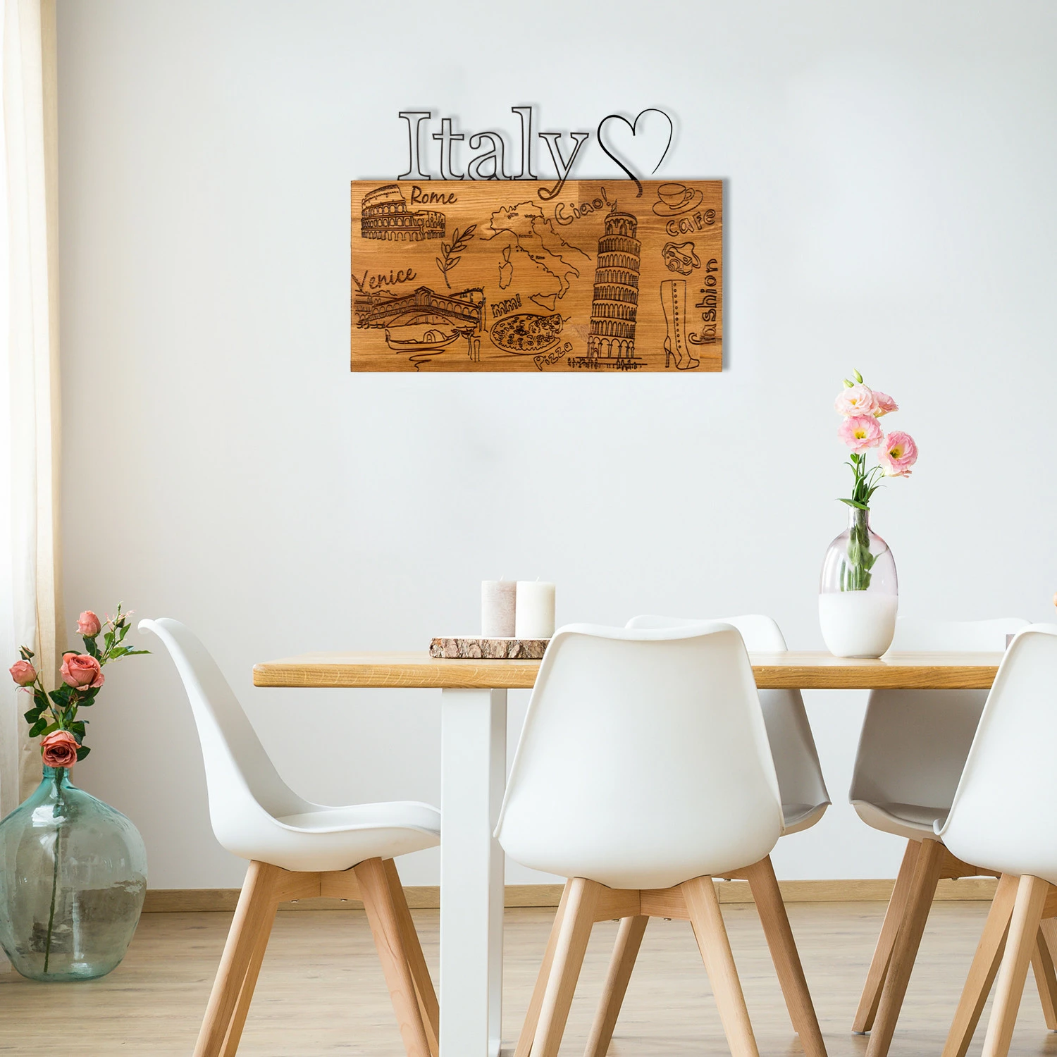Aksesor dekorativ për mur, dru dhe metal, 'I Love You Italy', ngjyrë e zezë dhe arre, 58x41cm