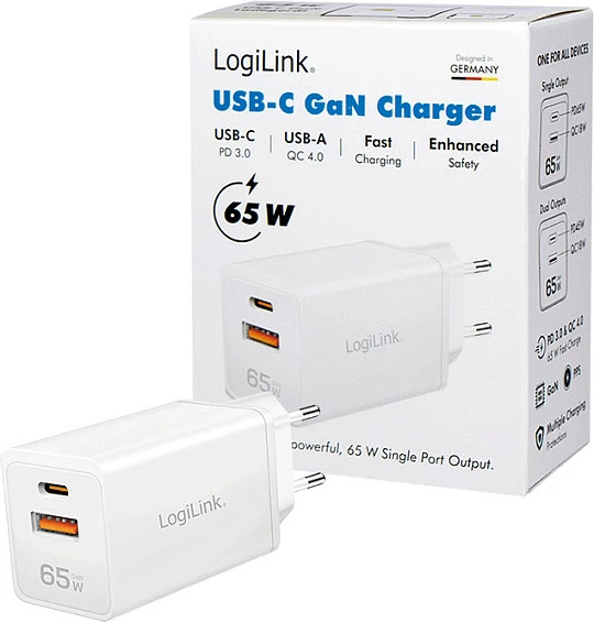 Karikues LogiLink 65W GaN, USB-A QC + USB-C PD, i bardhë