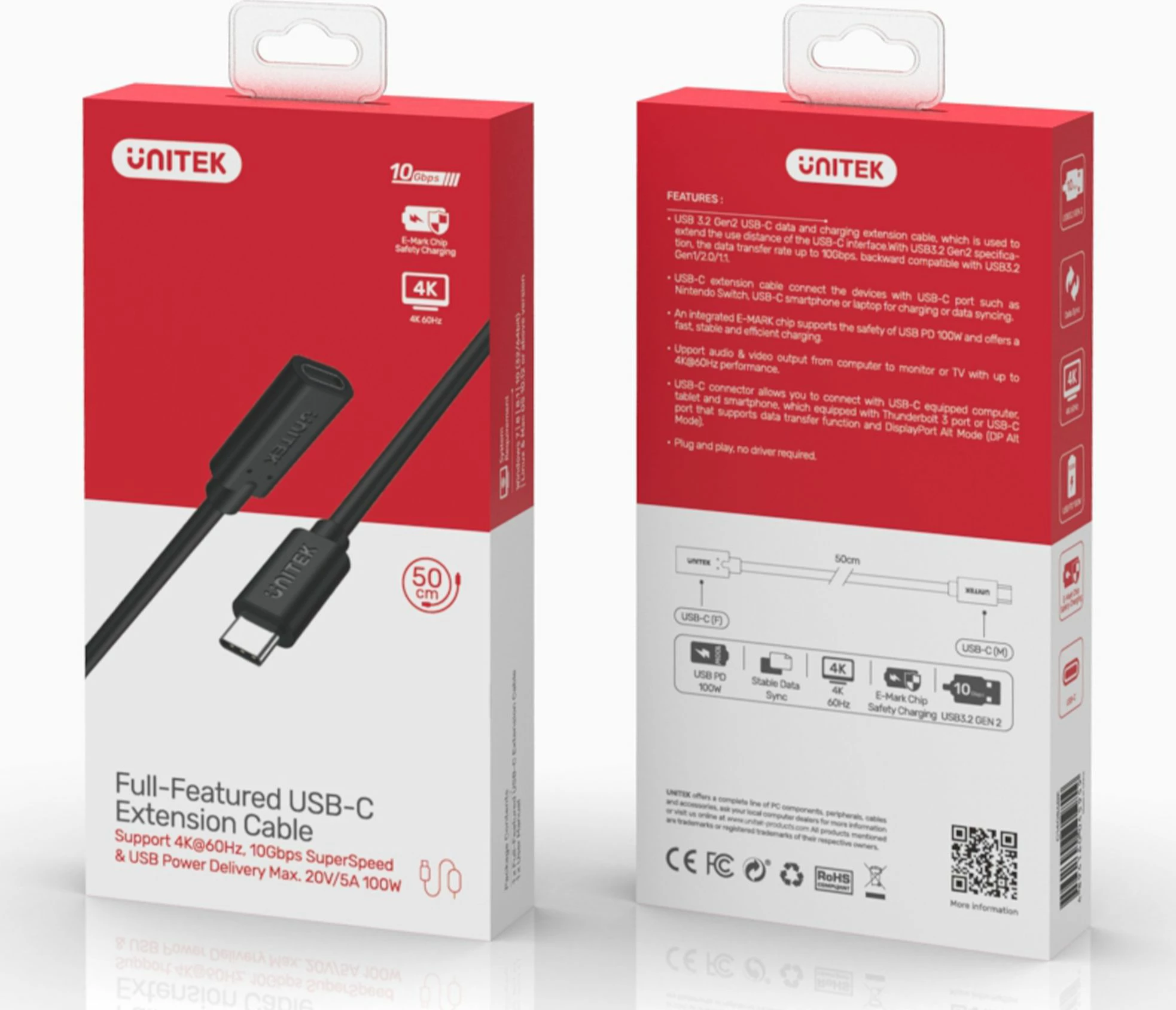 Kabllo zgjatëse USB-C në USB-C Unitek C14086BK 0.5 m 100W 10 Gbps, e zezë