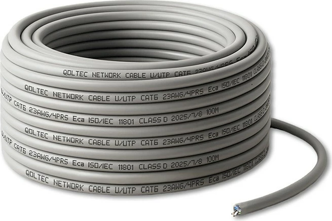 Kabllo rrjeti U/UTP CAT6, Qoltec 54560, bakër CU njëbërthamëshe 0.52 mm, 250 MHz 1 Gb/s, 100 m, gri
