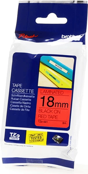 Kasetë etiketuese, Brother, TZE-441, 18 mm e laminuar 8 m, e zezë mbi të kuqe