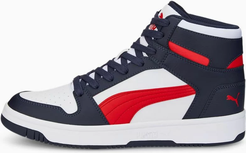 Atlete Puma për meshkuj, të bardha me të kuqe dhe blu marine