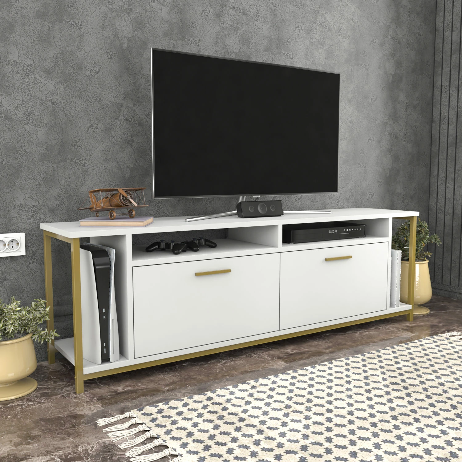 Komodë TV Hanah Home, Omar, e bardhë dhe ari
