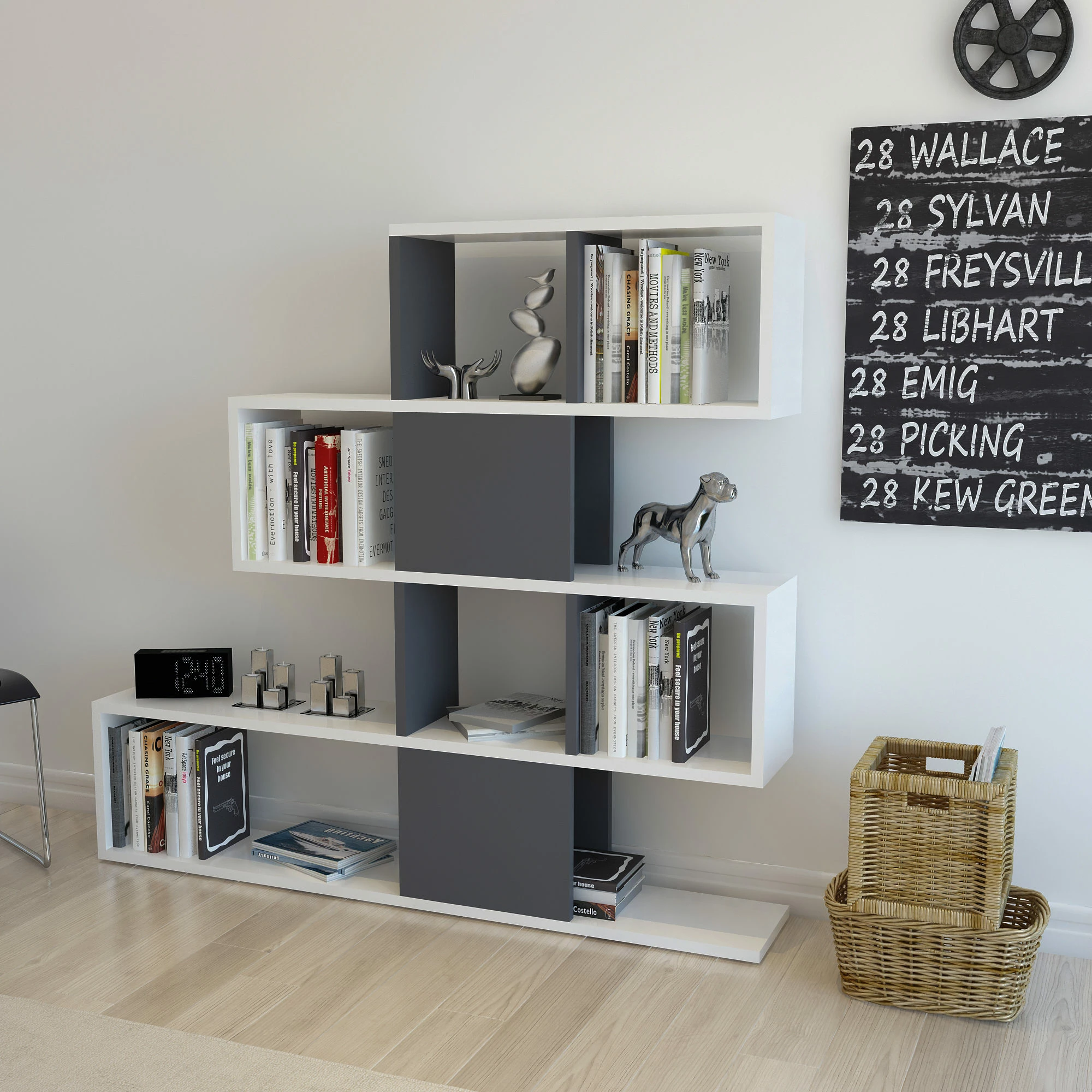 Raft librash Hanah Home, Karlin, bardhë-antracit