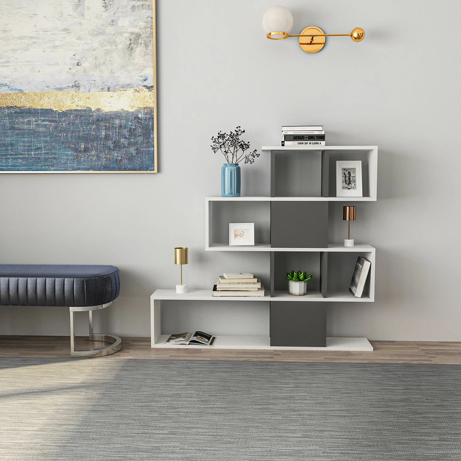 Raft librash Hanah Home, Karlin, bardhë-antracit