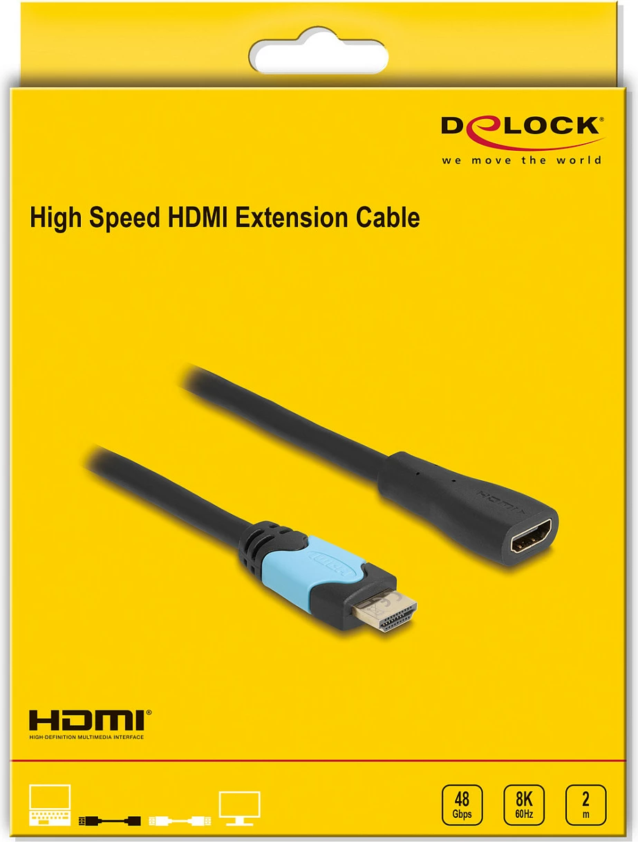 Kabllo zgjatëse HDMI DeLOCK High Speed 2 m, 48 Gbps, 8K@60Hz, eARC, HDR, e zezë/tyrkiz