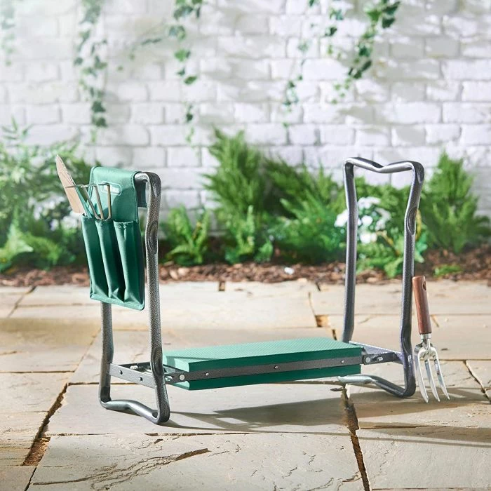 Stol/kneeler për kopsht VONHAUS 2-në-1 2515210, i palosshëm, me set veglash, jeshile/gri, set 5 copë