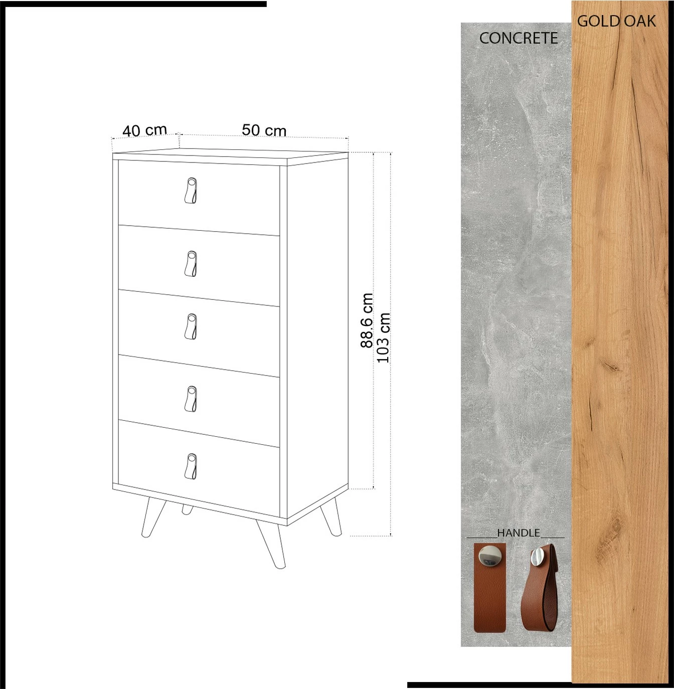 Komodë Skye Decor, ngjyrë lis dhe e bardhë, 5 sirtarë