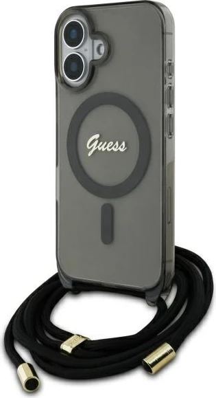 Mbështjellës Guess Crossbody Cord Script MagSafe për iPhone 16, i zi