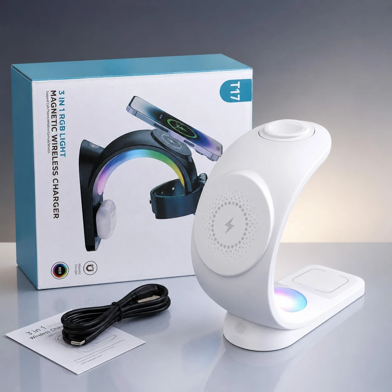 Karikues Wireless Magnetik T17 3-në-1 për telefon, orë dhe kufje