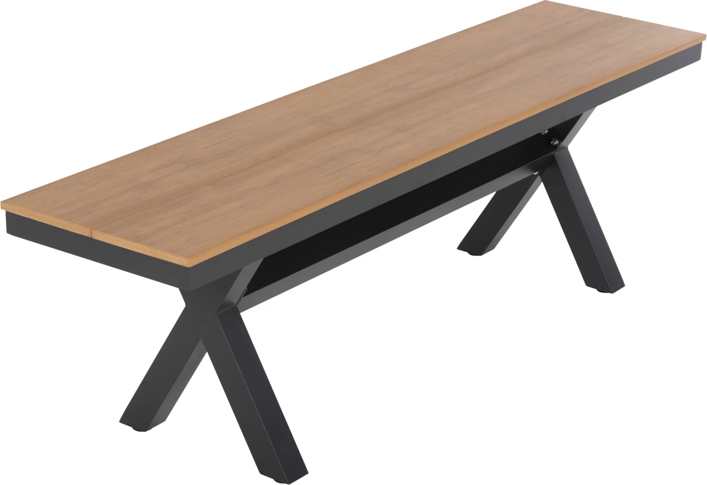 Stol alumini për jashtë, ngjyrë antracit, FH6038.01, me sipërfaqe tavoline polivudi, ngjyrë druri natyral, 150x36x45H cm