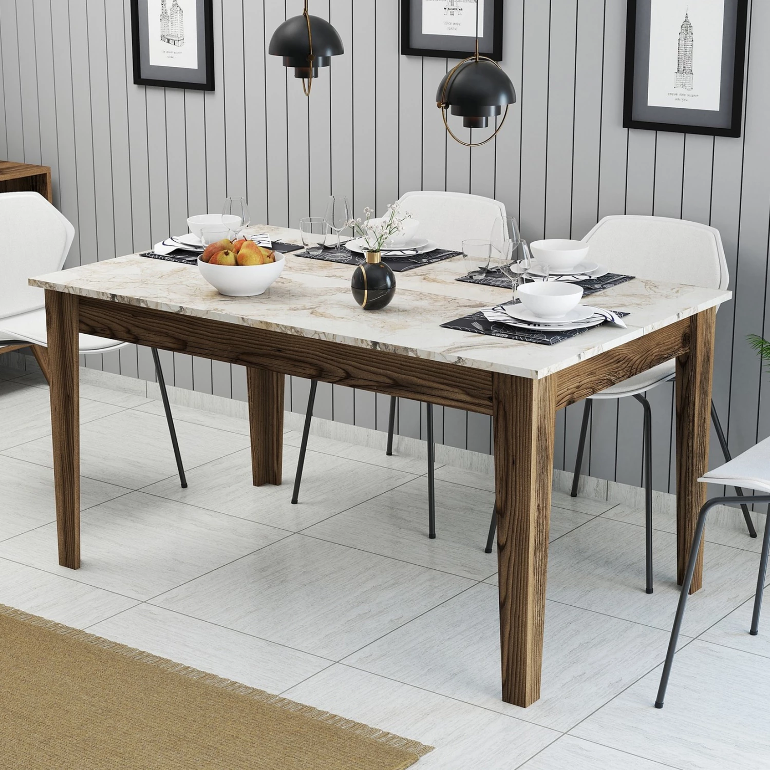 Tavolinë ngrënieje standarde, pamje mermeri të bardhë, me hapësirë ruajtjeje, FH9507.03, 145x88x75H cm