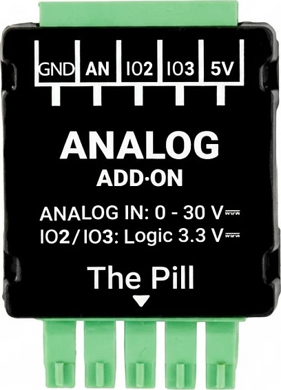 Modul shtesë Shelly The Pill Analog, Analog IN 0-30V, IO2/IO3 3.3V, zi/jeshil