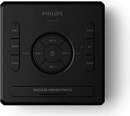 Orë alarmi digjitale Philips TAR4500/10, radio FM, port USB për karikim, e zezë