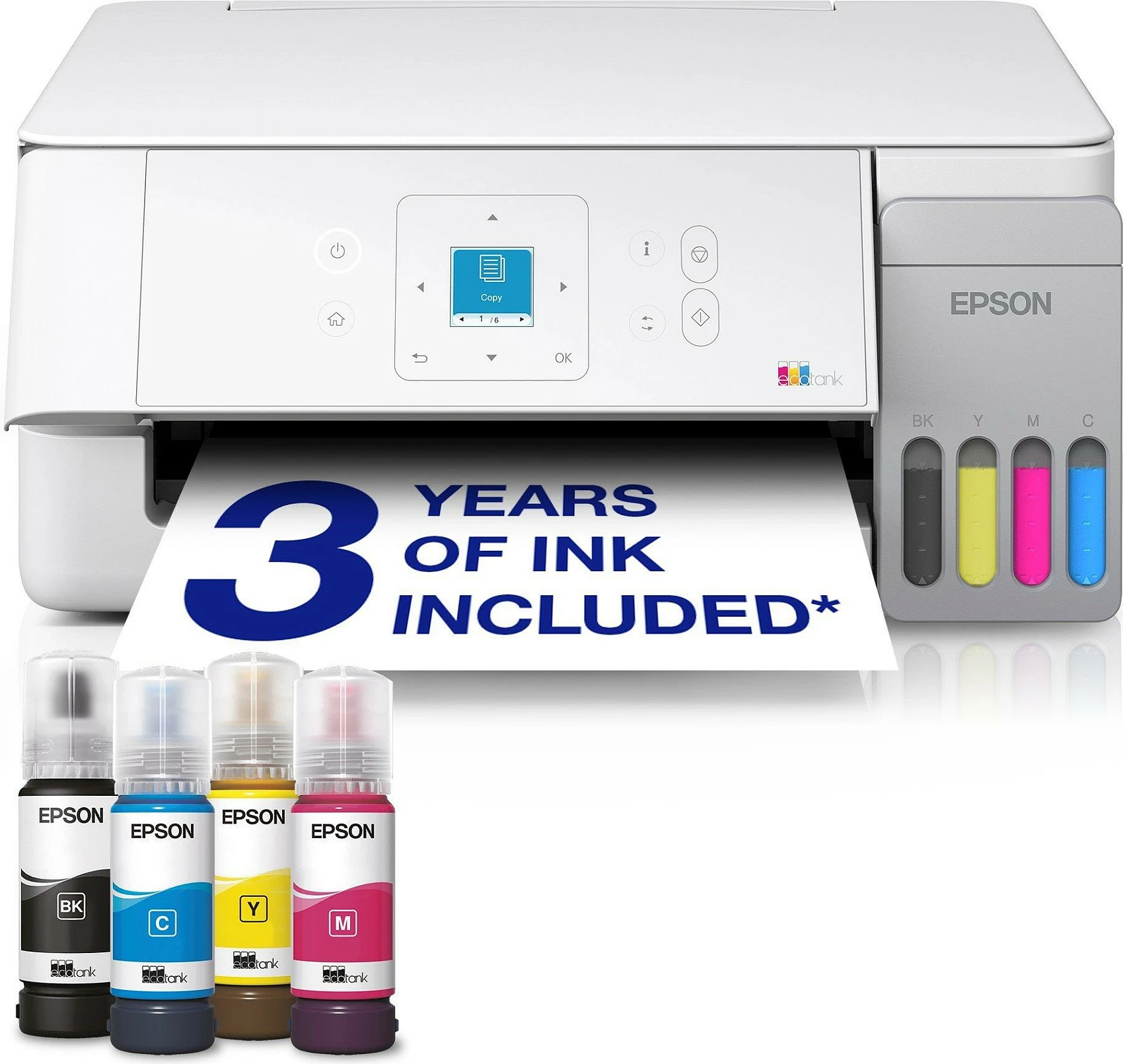 Printer multifunksional Epson EcoTank ET-2926, 3-në-1, inkjet me ngjyra, A4, Wi‑Fi, Duplex manual, i bardhë