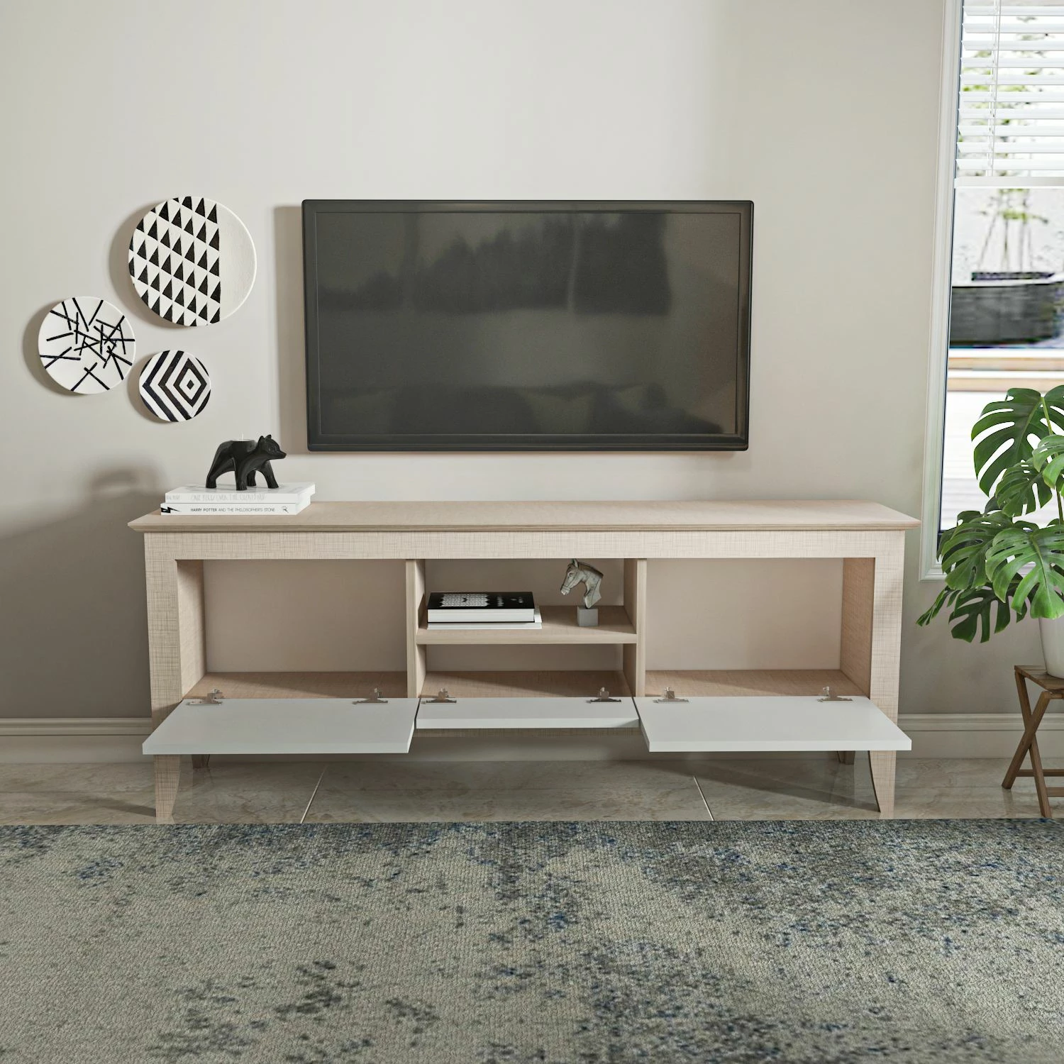 Komodë TV moderne Skye Decor, ngjyrë bezhë dhe e bardhë