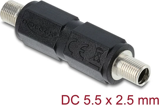 Adapter DC barrel jack DeLOCK, 5.5 x 2.5 mm femër-femër, me fije, i zi