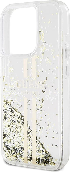 Mbështjellës Guess Liquid Glitter Gold Stripes për iPhone 15 Pro, Transparent
