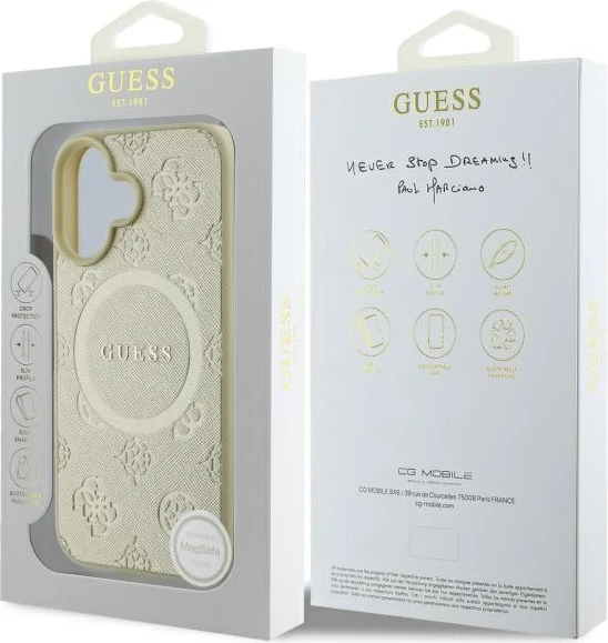 Mbështjellës Guess Saffiano Peony Classic Logo MagSafe për iPhone 16, ari