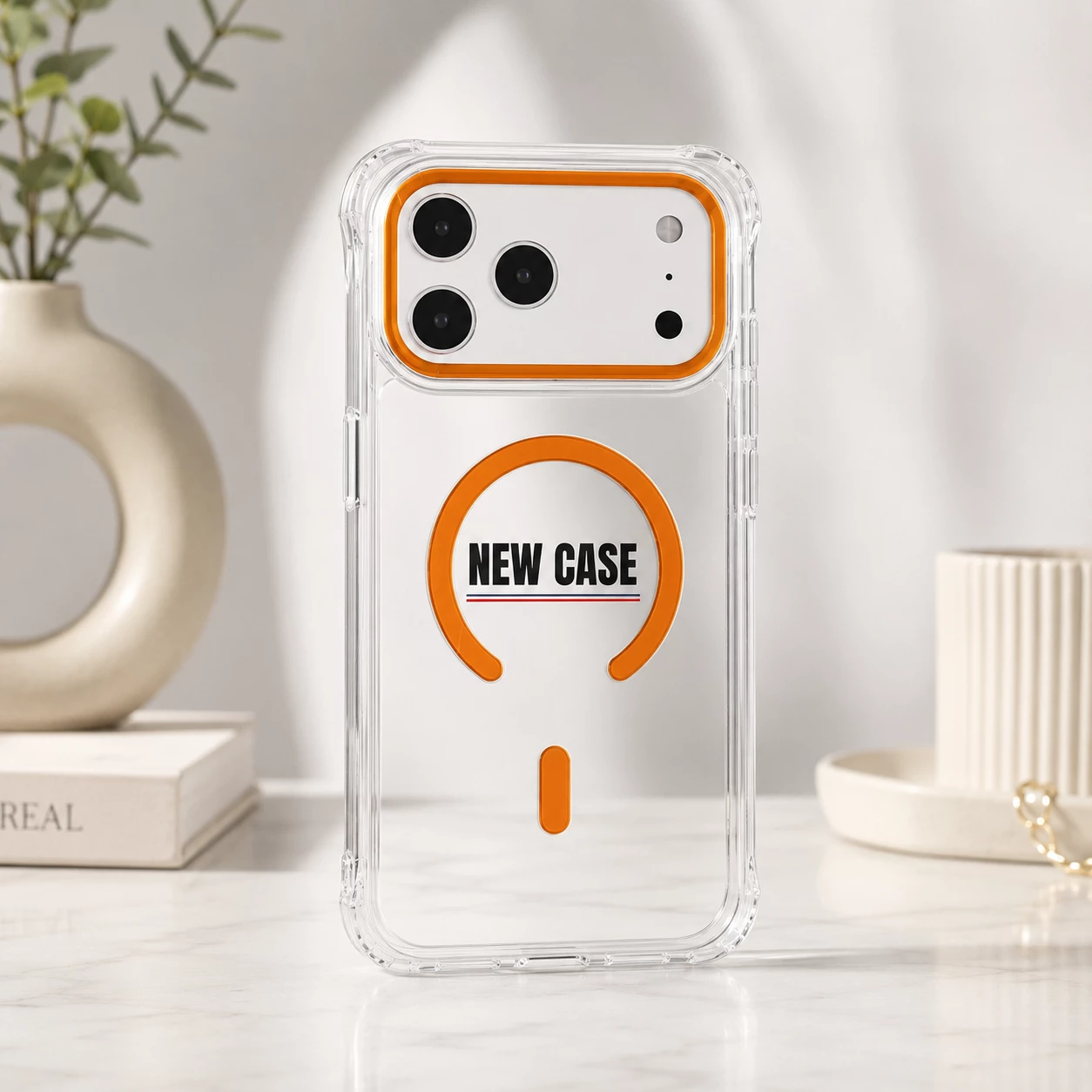 Mbrojtëse transparente magnetike për iPhone 17 Pro Max me kornizë kamere ngjyre e portokalltë