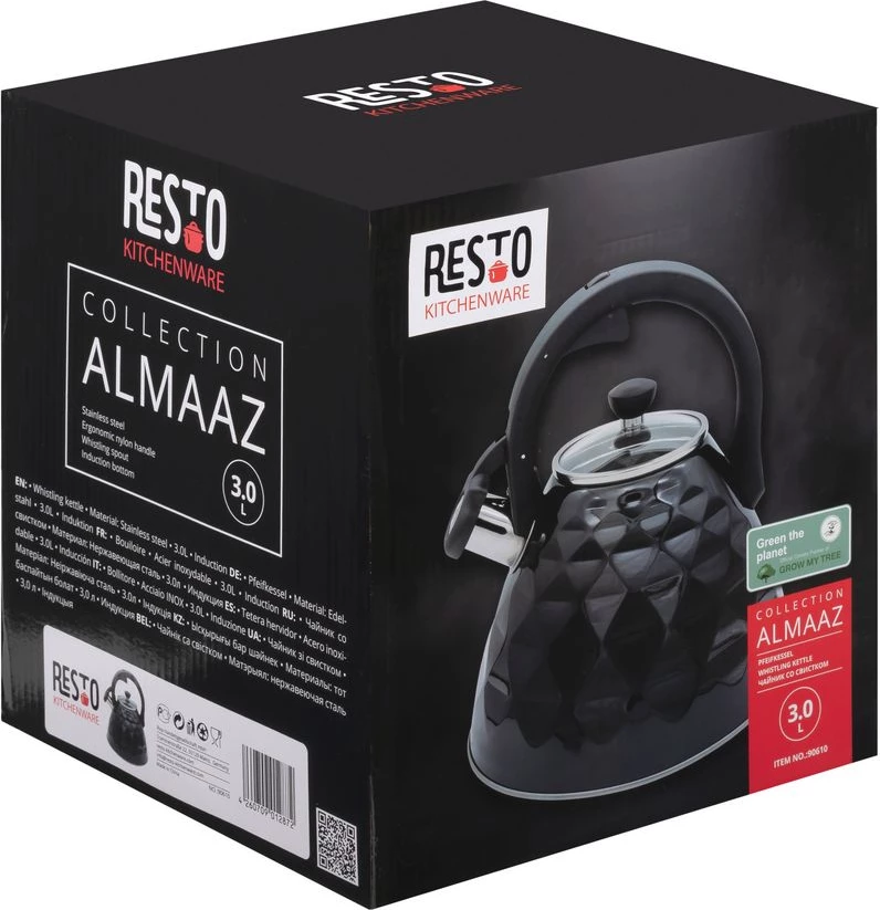Çajnik me fishkëllimë Resto Almaaz 90610 3 L, çelik inox, për induksion, i zi