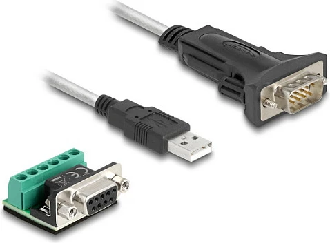 Adapter USB 2.0 Type-A në RS-422/485 DeLOCK, DB9 + terminal 6-pin, 0.5 m, i zi/transparent