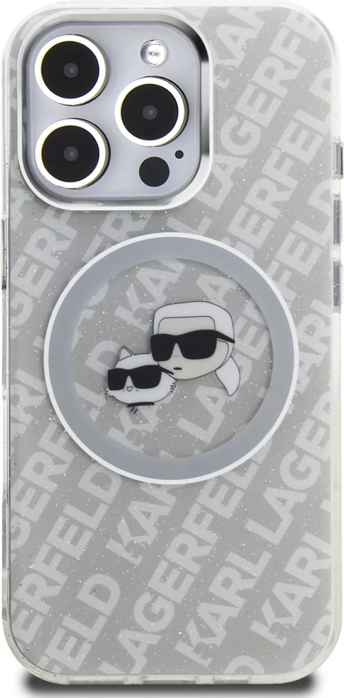 Mbështjellës Karl Lagerfeld IML Glitter Karl & Choupette Heads Logo MagSafe për iPhone 16 Pro Max, TPU/PC, gri