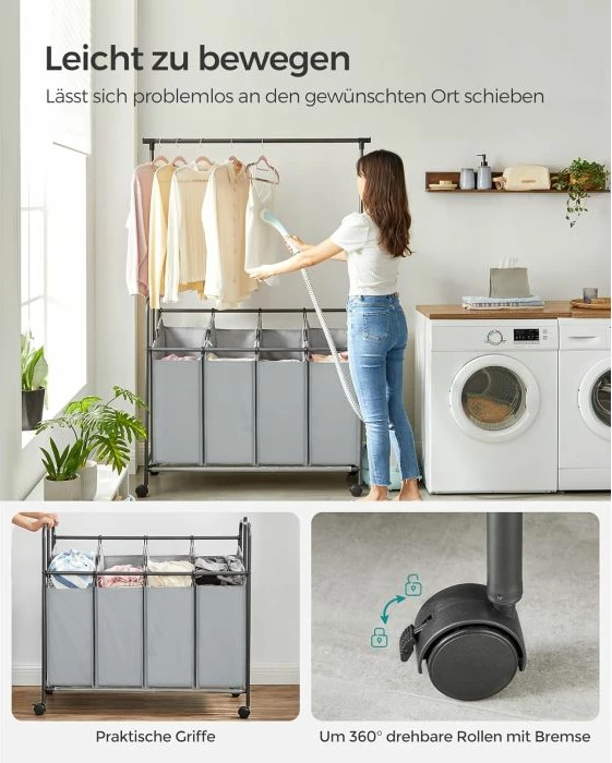 Shportë rrobash SONGMICS RLS44GS, 4 ndarje, 4x50 L (200 L), me rrota dhe frenë, me shufër varëse, gri