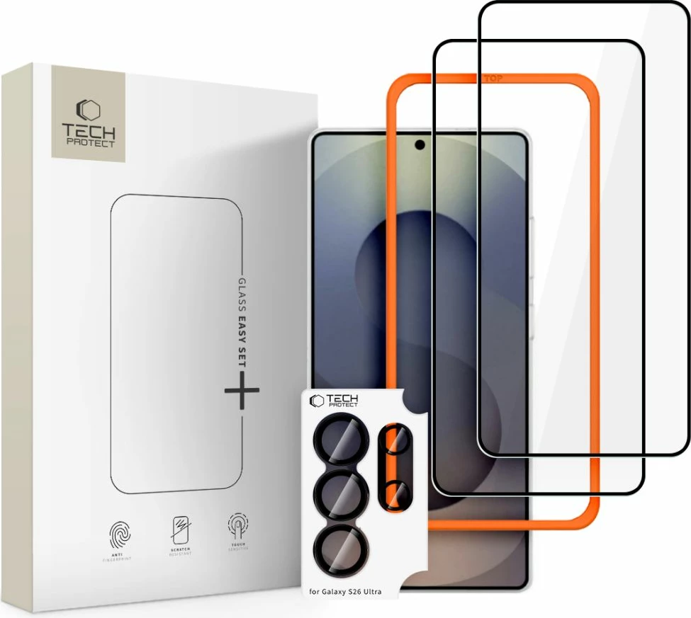 Mbrojtës ekrani me xham të kalitur Tech-Protect Easy Set+ për Samsung Galaxy S26 Ultra, 9H, i zi, set 3 copë