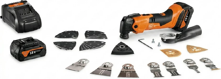 Vegël multifunksionale osciluese Fein Multimaster AMM 500 PLUS, 18V, bateri 4Ah, set aksesorësh, portokalli/zi