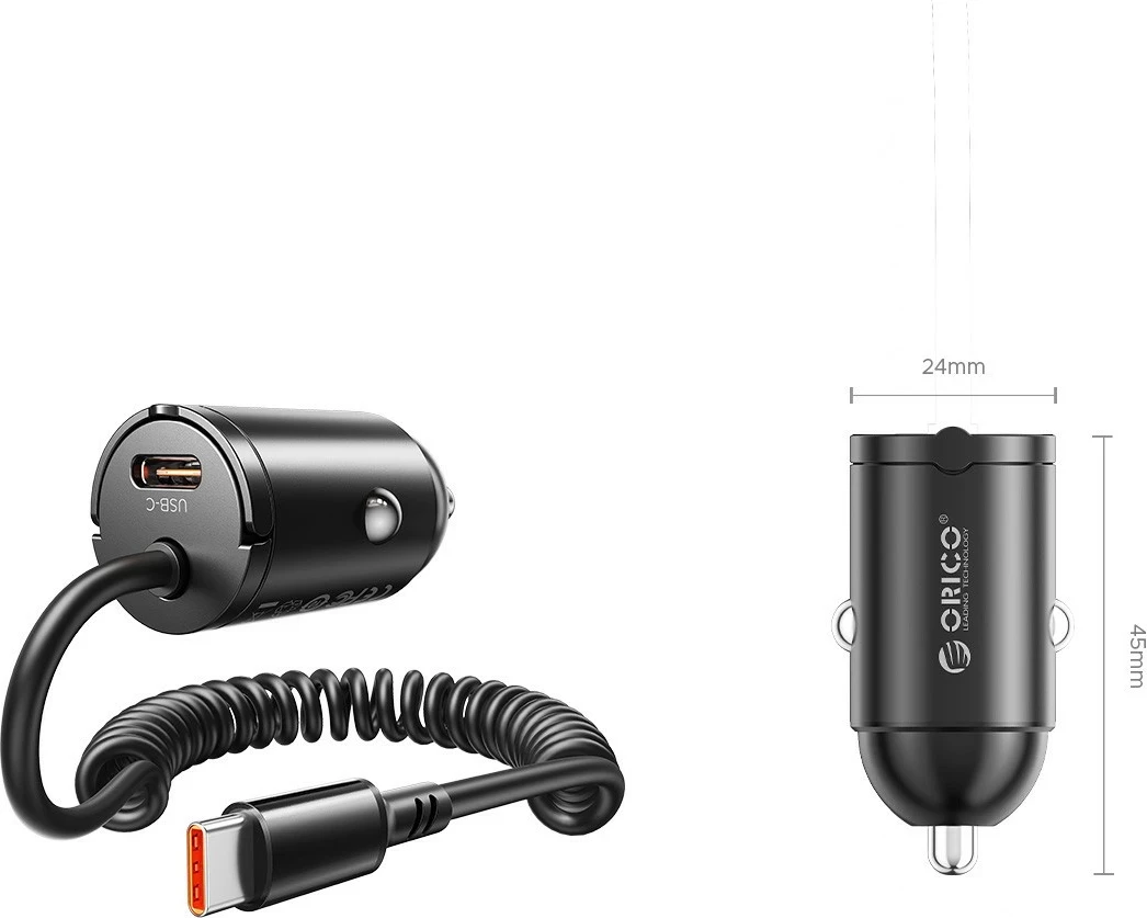 Karikues veture Orico, 2x USB-C, PD 30W, me kabllo spirale, zi