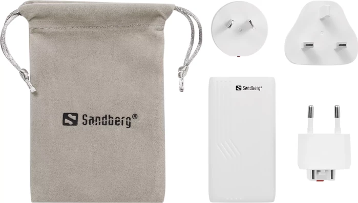 Karikues udhëtimi Sandberg 4in1 TravelCharger 2x USB-C 65W GaN III, i bardhë, me adaptera EU/UK/AU