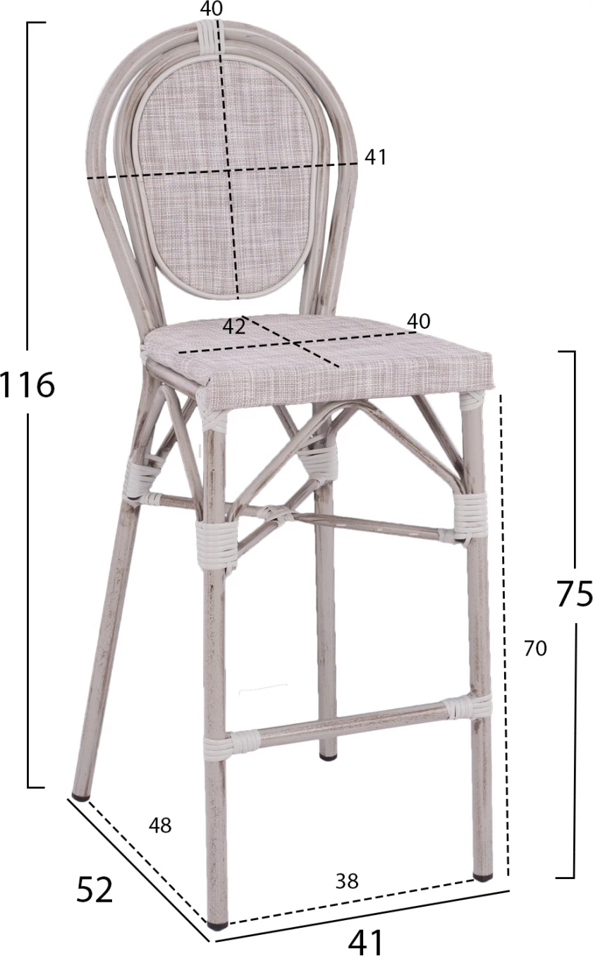 Karrige për bar alumin, pamje bambu, patinë e bardhë, FH5110, 47x61x115 cm