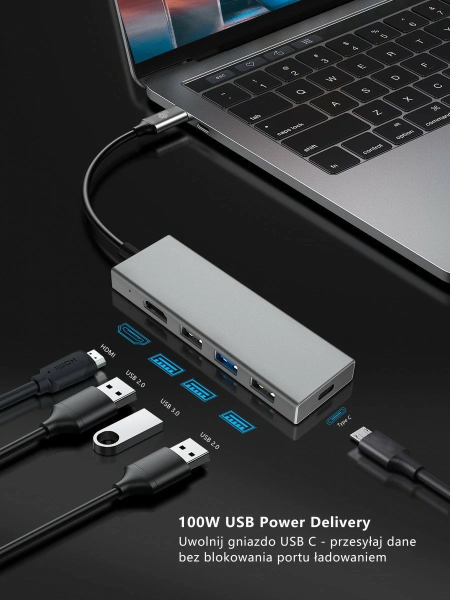 Adapter HUB USB C 7-në-1 TB, HDMI, USB 3.0/2.0, SD/TF, Grafit