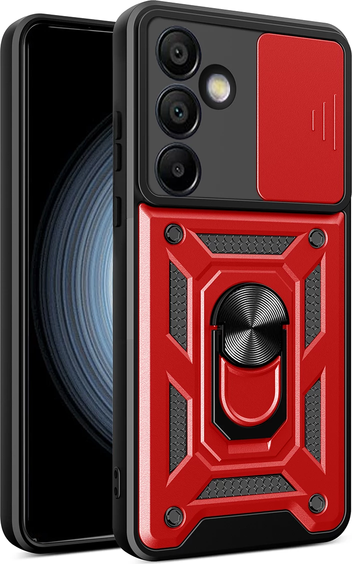 Mbështjellës Hurtel Hybrid Armor Camshield me kapak kamere dhe unazë metalike për Samsung Galaxy S25+, Kuqe