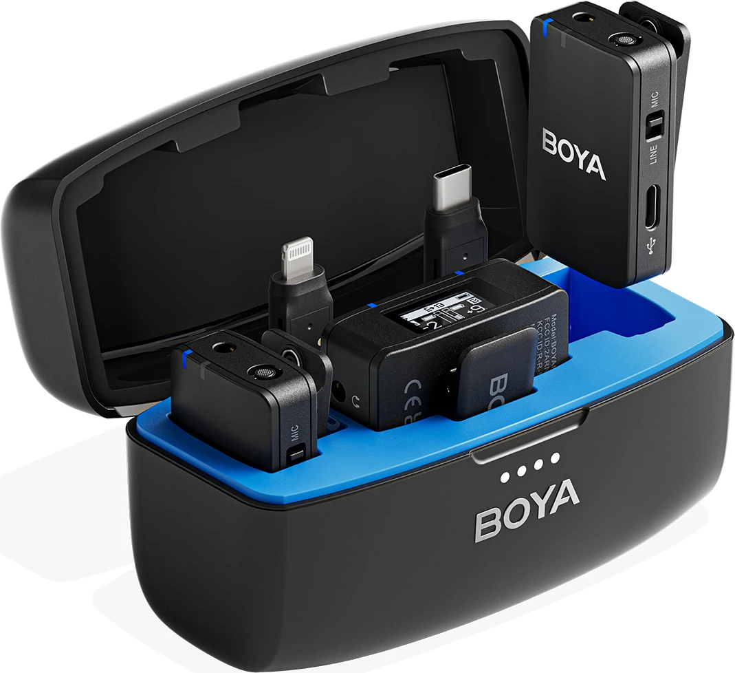 Set mikrofonash pa tela BOYA BOYAMIC 2-02 2.4GHz USB-C, 2 transmetues + marrës, 32-bit float, 8GB, me kuti karikimi, i zi