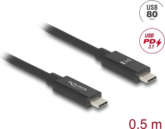Kabllo USB-C DeLOCK, 0.5 m, 80 Gbps, Thunderbolt 4, PD 3.1 240 W, 16K, e zezë