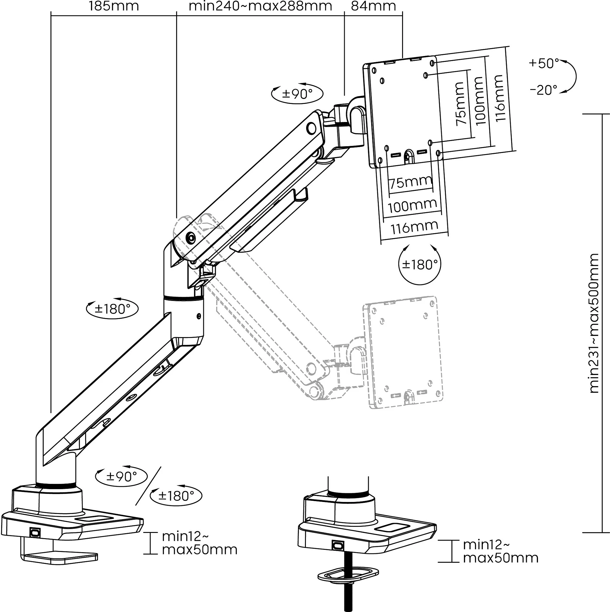 Mbajtëse tavoline për monitor Equip, 17"-49", gaz-spring, VESA 75x75/100x100, 20 kg, e zezë
