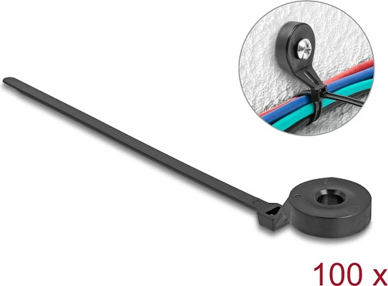 Lidhëse kabllosh DeLOCK 180x6 mm, montim me vidë, të zeza, 100 copë